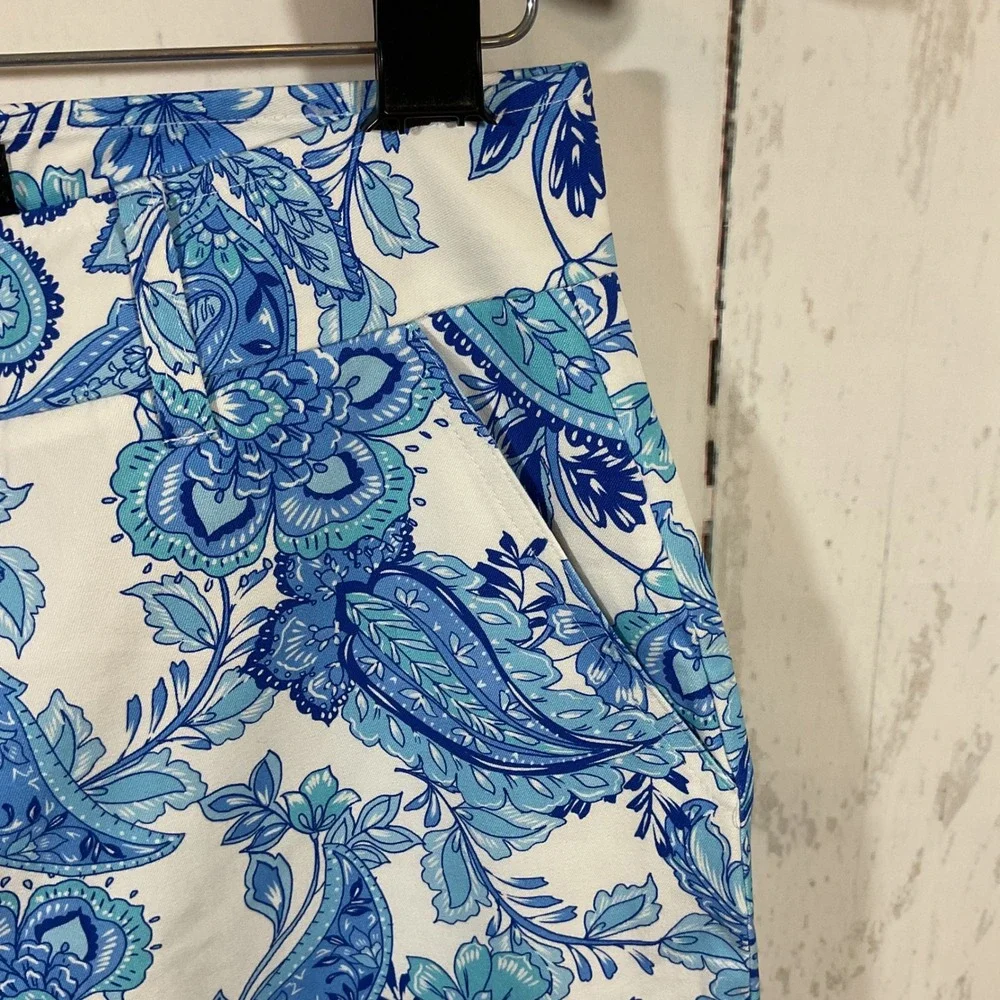 Boston Proper Pants Women's 12 Blue Paisley Floral Print‎ Stretch Cropped Chic